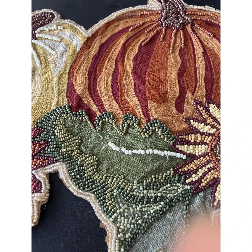 World Market Beaded Harvest Table Runner Fall Pumpkins Earthy Neutral Floral New